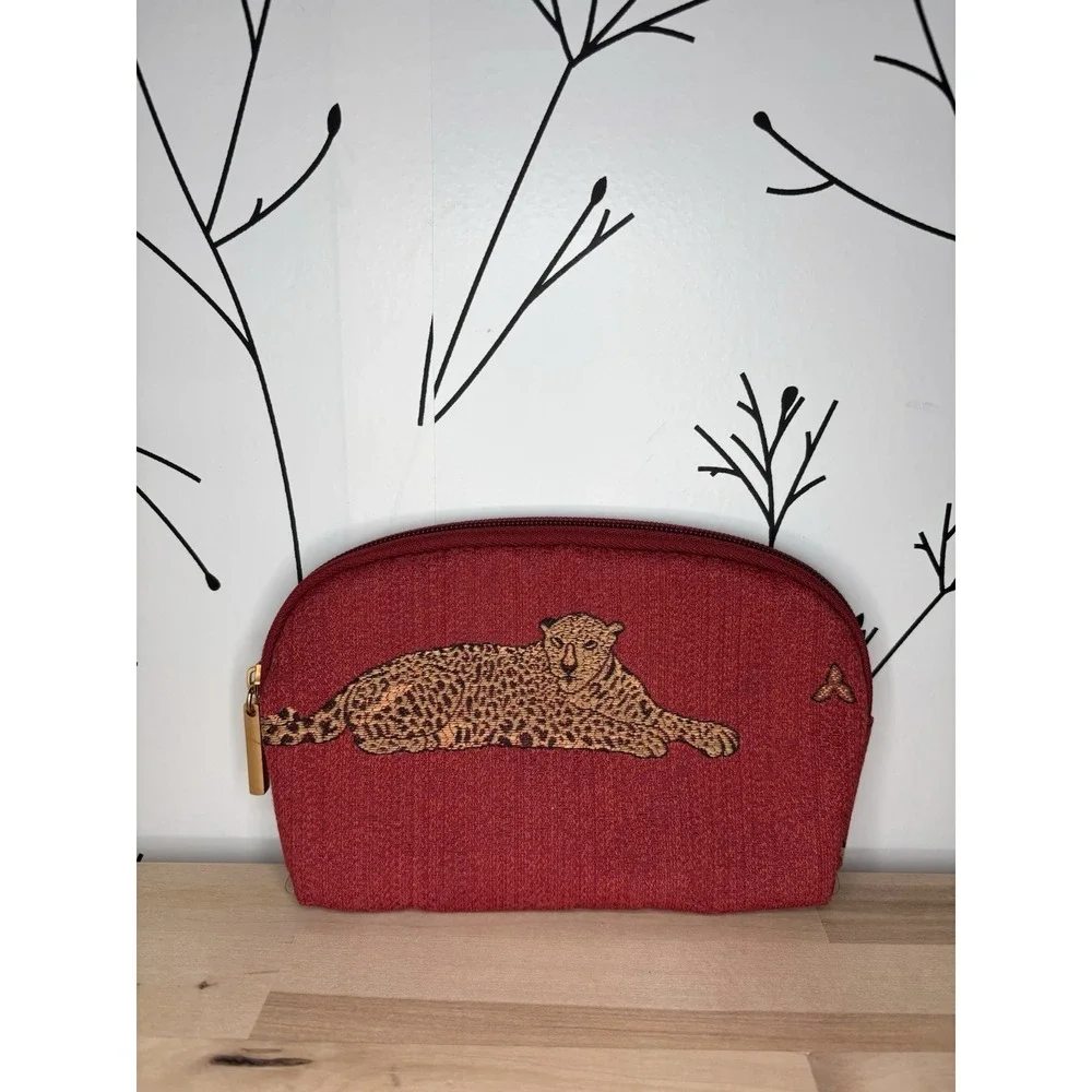 VTG Red Cheetah Print Fabric Makeup Bag & Case Set with Zipper and Handle